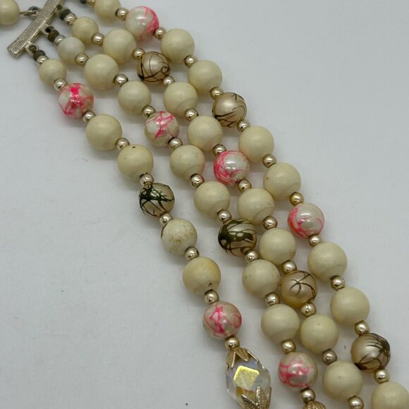 Vintage 4-Strand Japan Necklace Pink Swirled Beads Glass Acrylic Gold-Tone 1950s - Picture 14 of 16